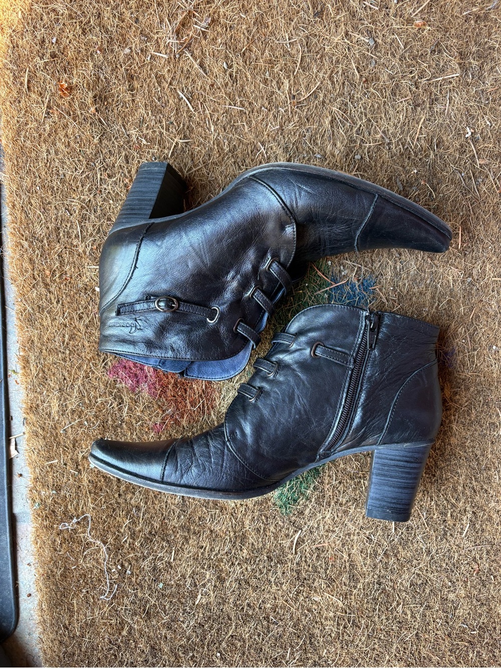 Women's Black Leather Ankle Booties with Side Zip and Block Heel